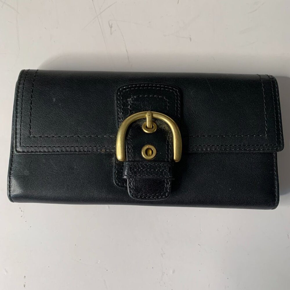 Coach Womens Leather Gold Tone Flap Snap Wallet Black